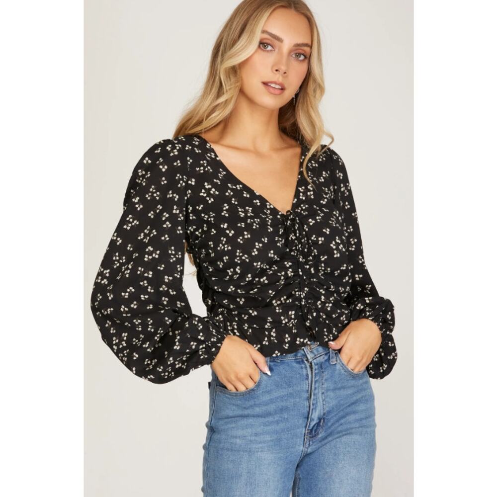 Black Floral Ruched Top Puff Sleeve Fitted Blouse Size Small